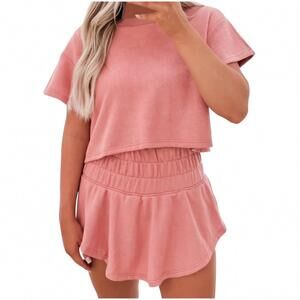 NEW CROSSED ARROWS CLOTHING cropped tee and ruffle high waist skort set in pink